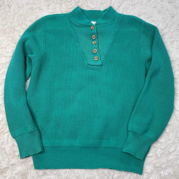 Vintage 90s button henley pullover sweater chunky knit grandpa cotton teal green - Picture 6 of 17